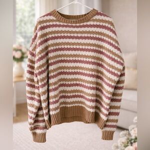 DJP Striped Chenille Sweater Pink Tan Cream Size Large